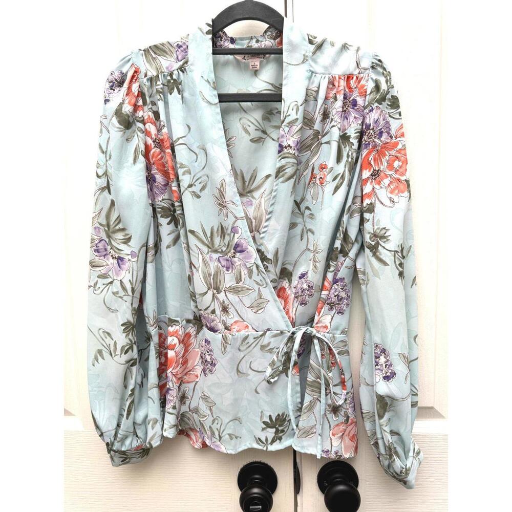 Nanette Lepore Floral Wrap Blouse Blue Pastel Long Sleeve Romantic Boho TopSmall - Picture 2 of 6